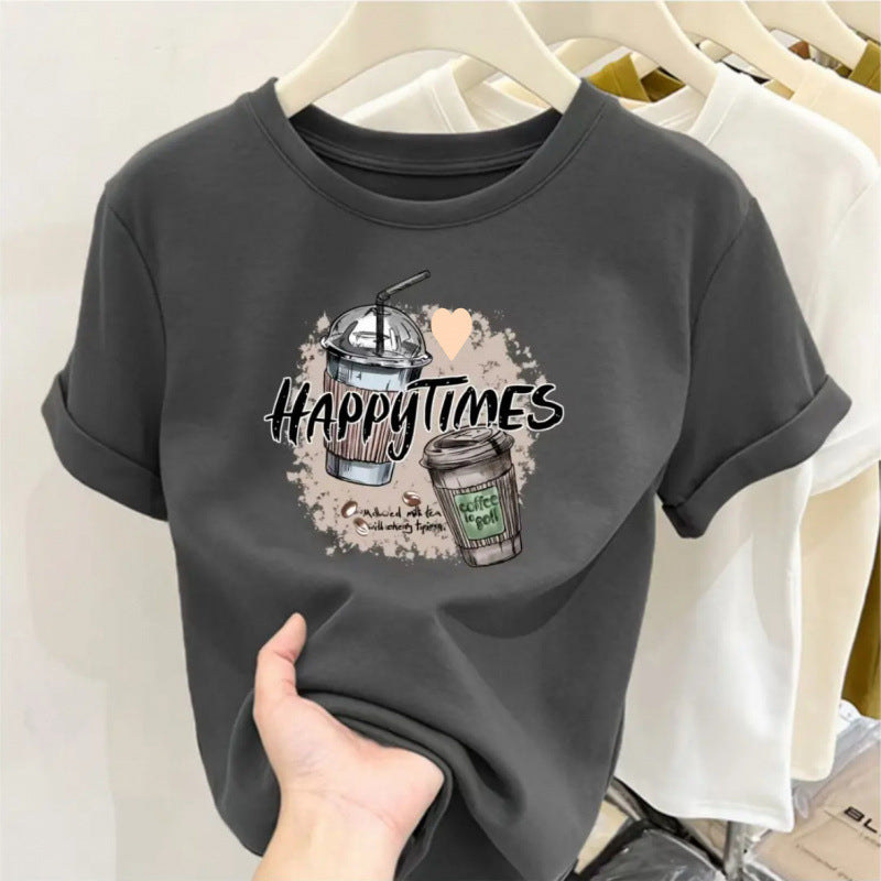 Cotton design round neck printed short-sleeved shirt for women summer slim fit all-match tops