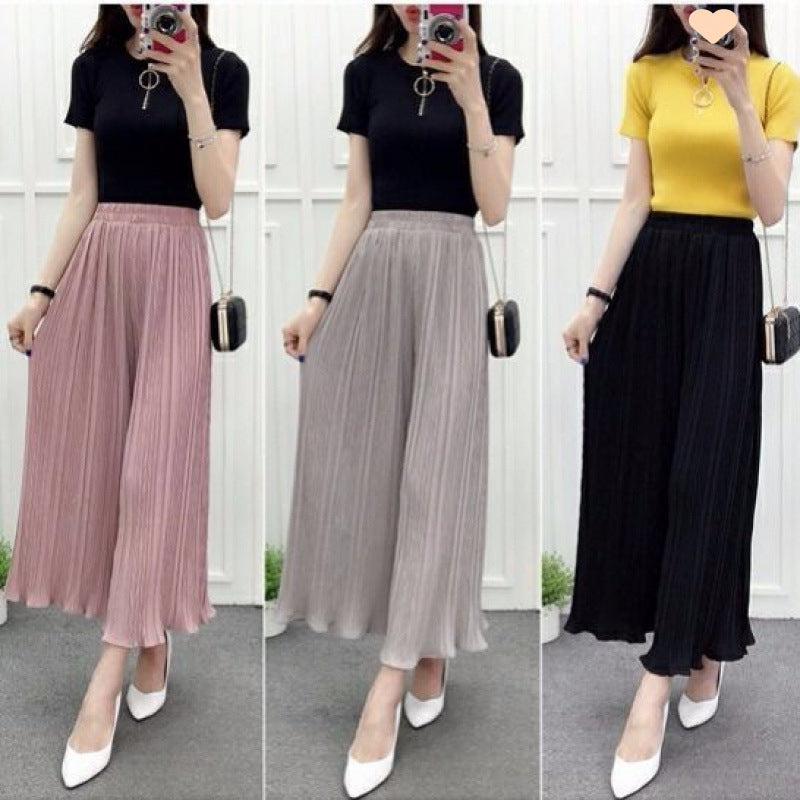 Chiffon wide-leg pants women's summer fashion high waist loose large size pleated skirt pants seven-point casual pants children's temperament versatile