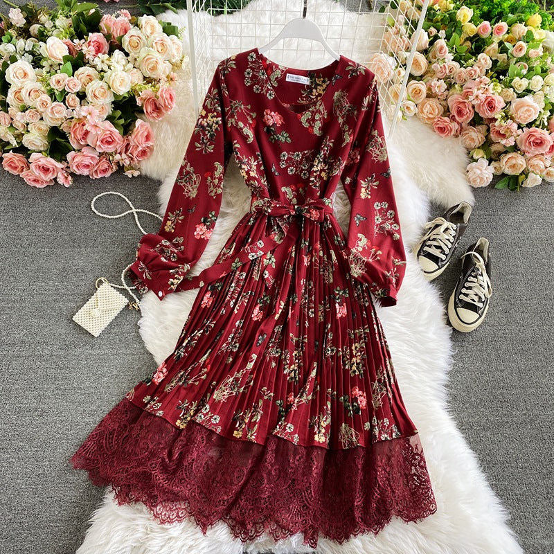 Retro floral V-neck waist thin lace splicing pleated dress color fashion temperament big pendulum long skirt