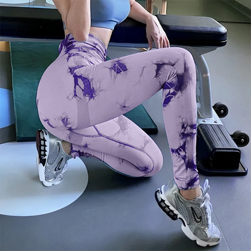 2025 popular seamless smiley face tie-dye yoga pants high waist peach hip leggings high elastic fitness pants