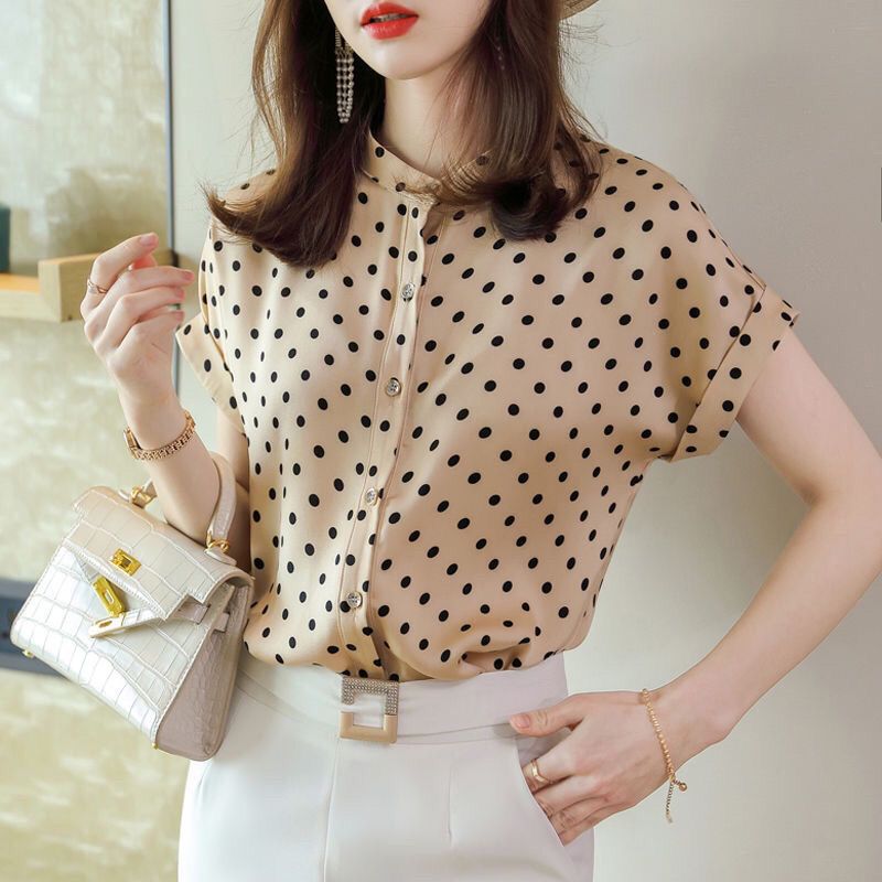 Polka dot top chiffon shirt stand-up collar shirt women's clothing 2025 new summer short-sleeved fashion Muse shirt short-sleeved women