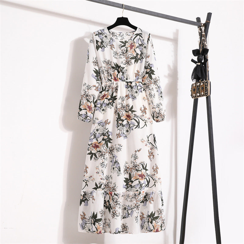 2025 spring new European and American floral long dress round neck long sleeve waist thin A-shaped dress