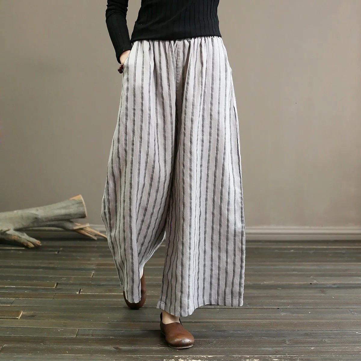Literary cotton and linen striped wide-leg pants summer 2025 new women's large size thin and draped casual straight nine-point pants tide