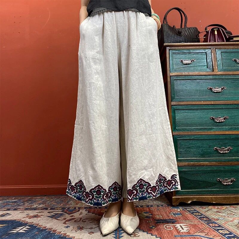 Ethnic style pants fashion Chinese style embroidered wide-leg pants retro versatile personality nine-point pants women
