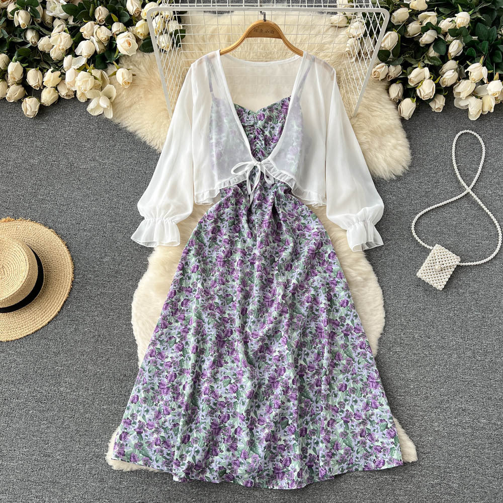 French retro age-reducing bell-covering and thin floral suspender dress chiffon shawl jacket sweet temperament two-piece set