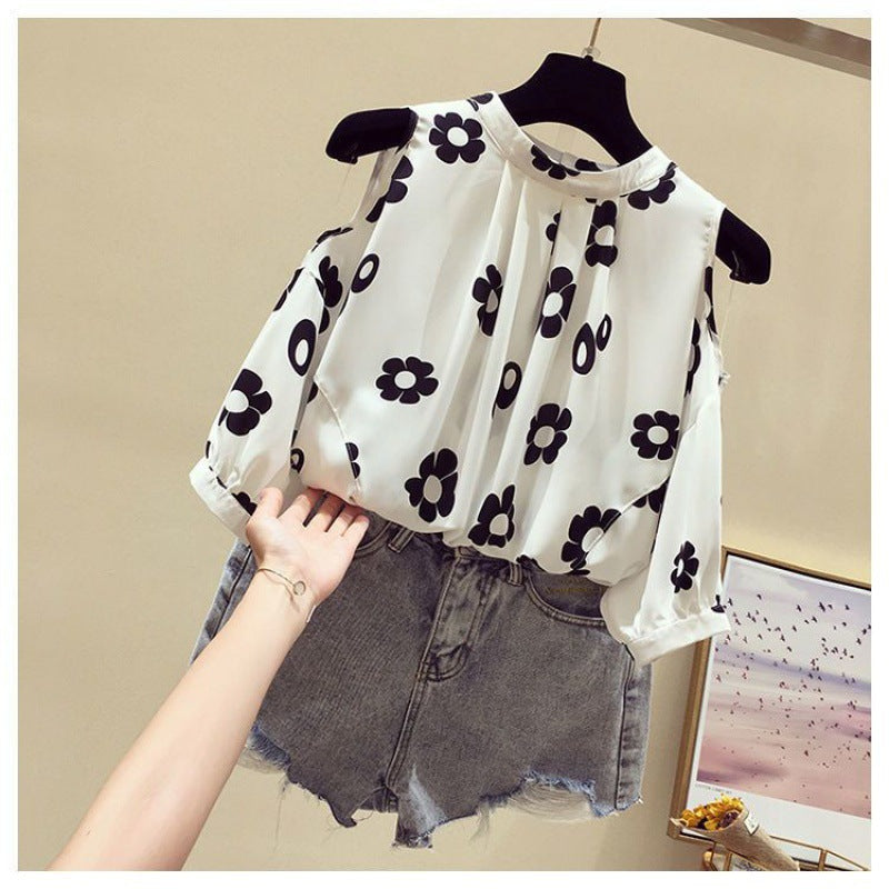 Large size women's clothing summer fat sister loose versatile off-the-shoulder short-sleeved chiffon shirt foreign style thin belly top