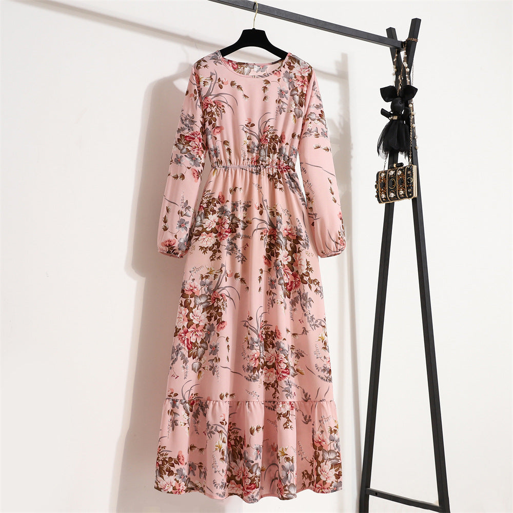 2025 spring new European and American floral long dress round neck long sleeve waist thin A-shaped dress