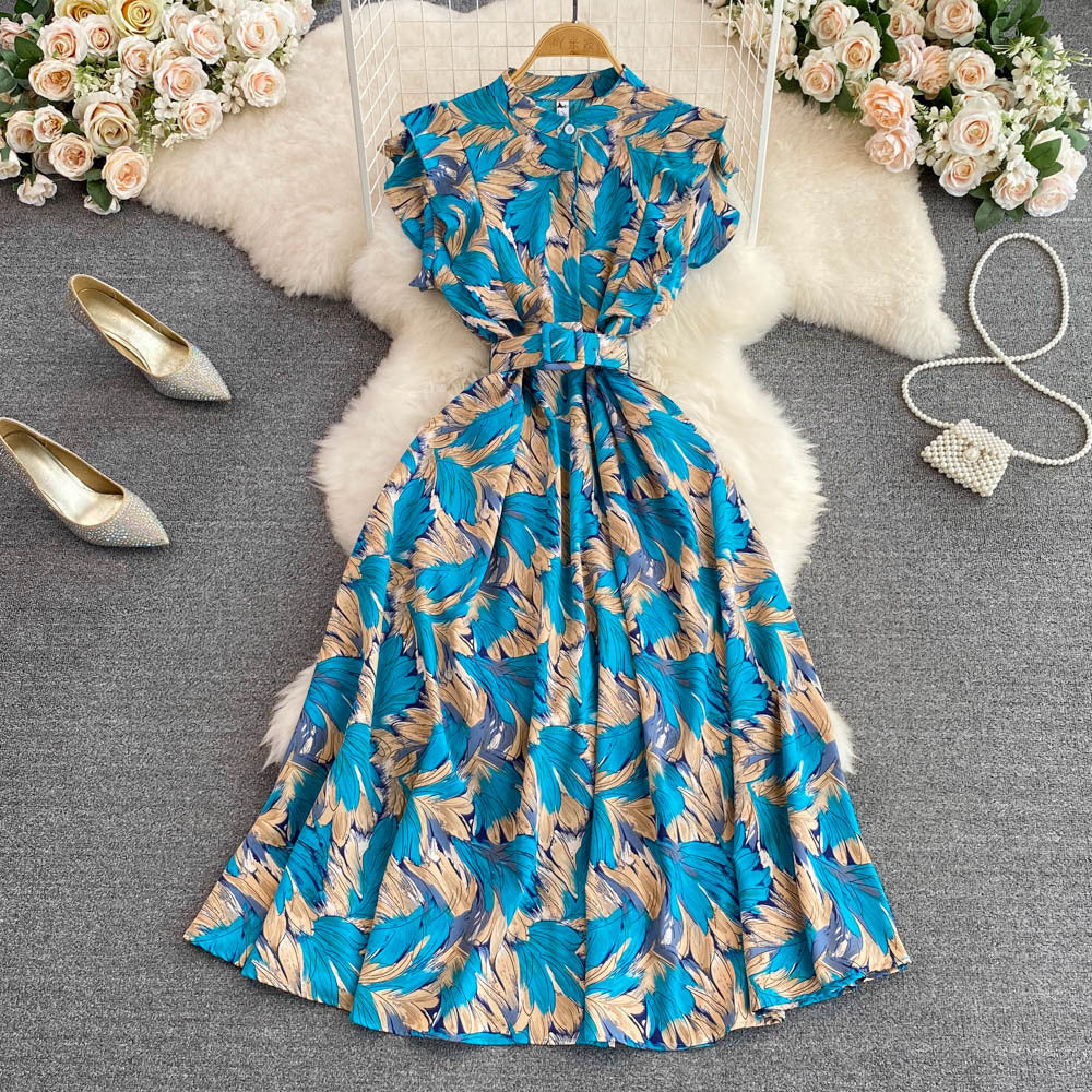 Gentle wind stand-up collar waist and thin printed A-word big pendulum dress 2025 summer high waist elegant temperament long dress