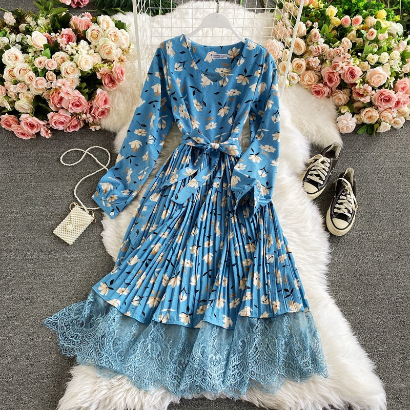 Retro floral V-neck waist thin lace splicing pleated dress color fashion temperament big pendulum long skirt