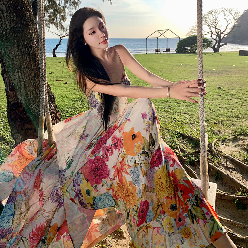 Women's summer beach long skirt colorful floral suspenders high waist holiday dress