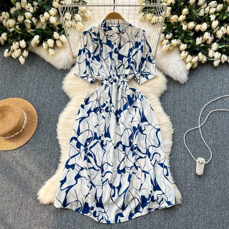 Niche design sense printed dress women's 2025 new summer dress space-up waist thin medium and long holiday skirt