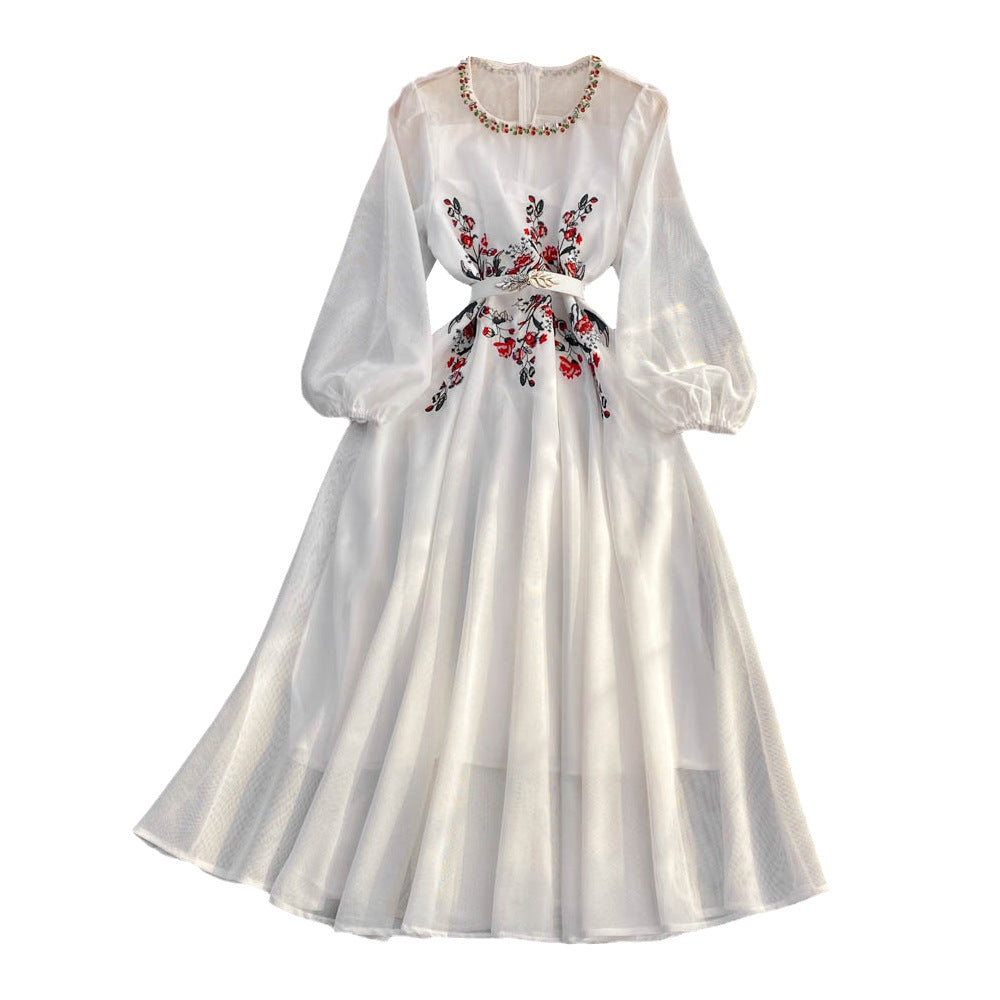 Light luxury temperament round neck big pendulum bubble long sleeves elegant waist thin a word dress inlaid with diamonds long dress