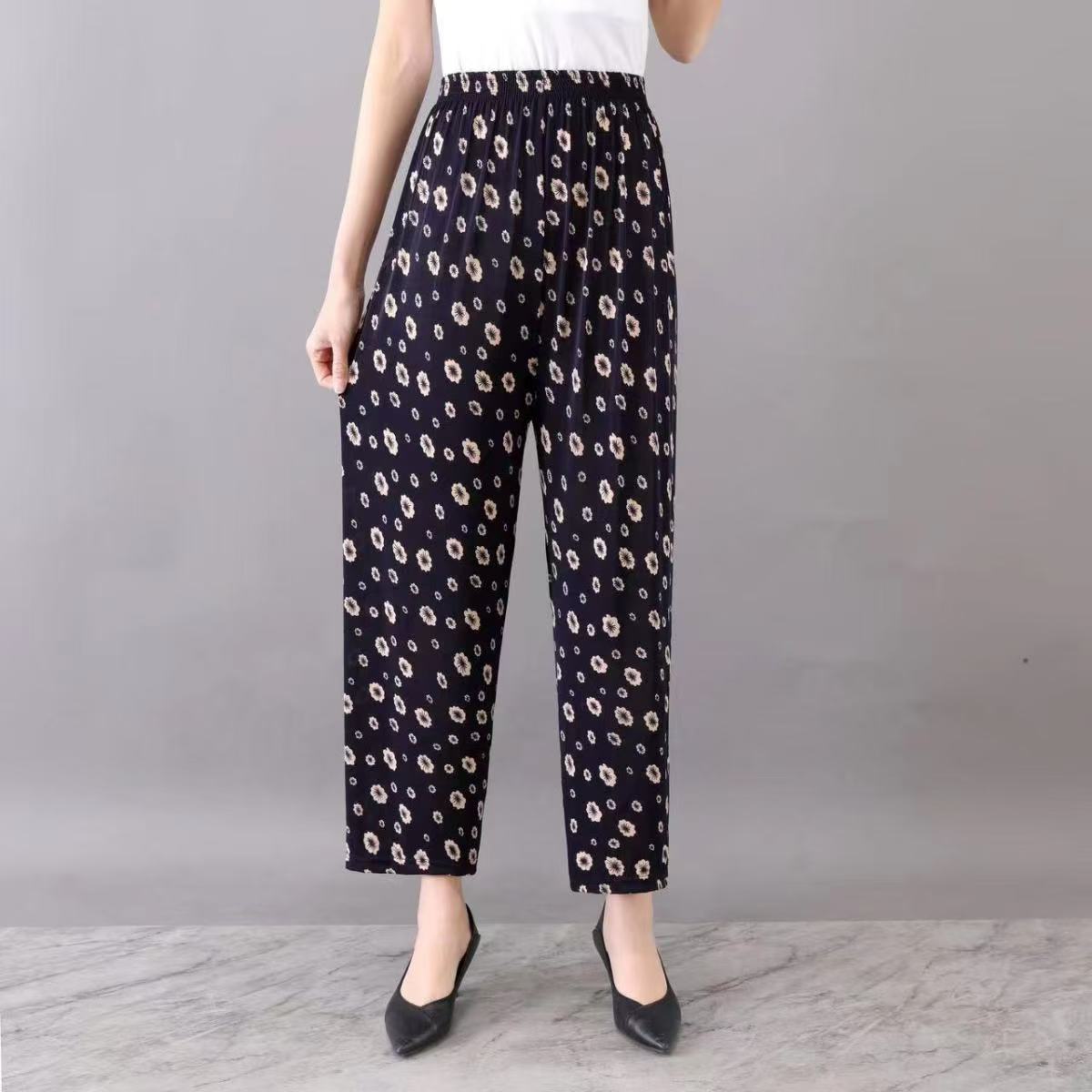 Summer wholesale women's middle-aged and elderly casual loose elastic ice silk pants breathable and fattened mother nine-point pants