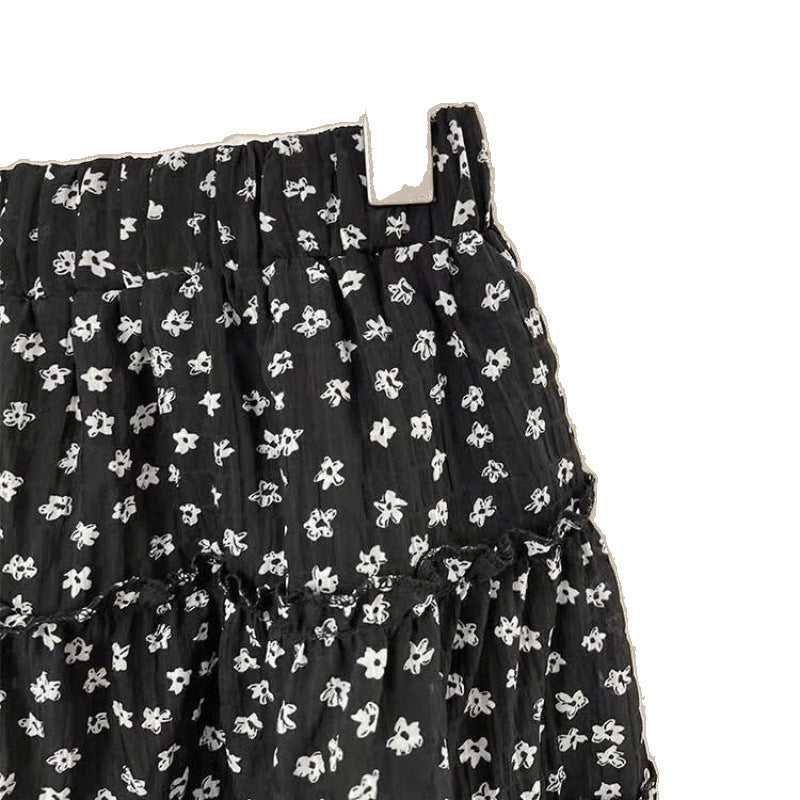 Black floral cake skirt spring and summer small 2025 high waist and thin anti-light puffy skirt