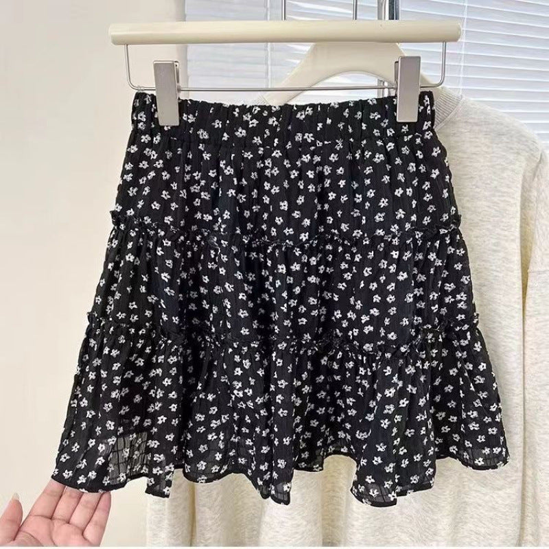 Black floral cake skirt spring and summer small 2025 high waist and thin anti-light puffy skirt
