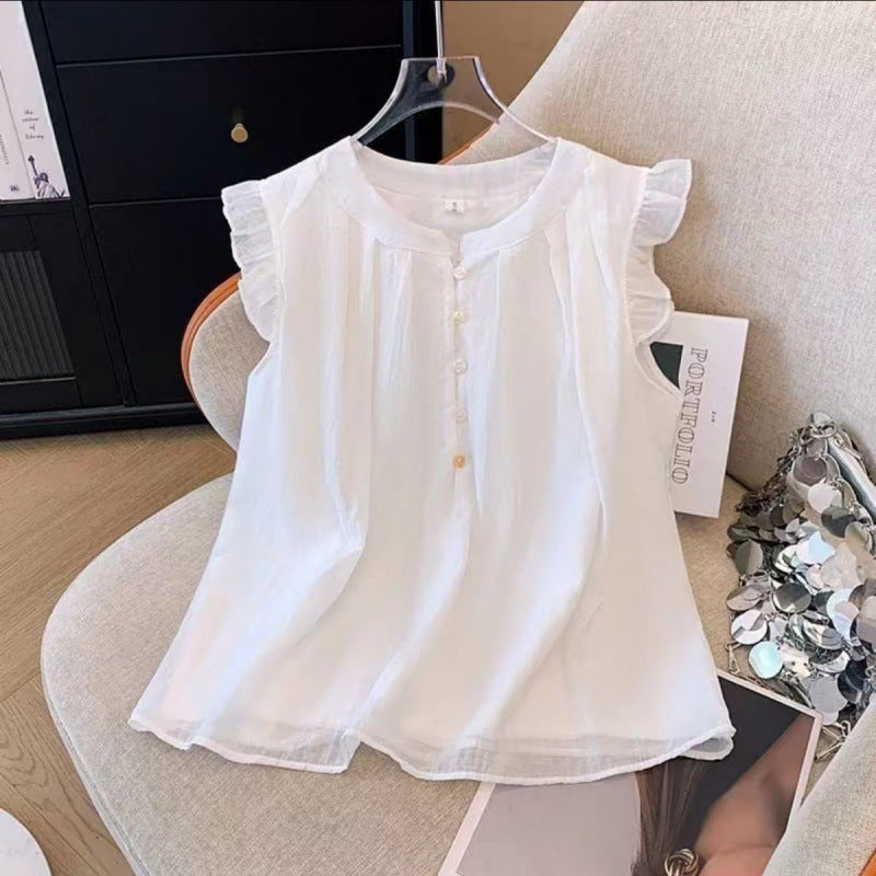 Sleeveless top French 2025 foreign style shirt thin summer doll round neck loose new sweet explosion