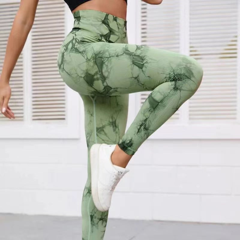 2025 popular seamless smiley face tie-dye yoga pants high waist peach hip leggings high elastic fitness pants