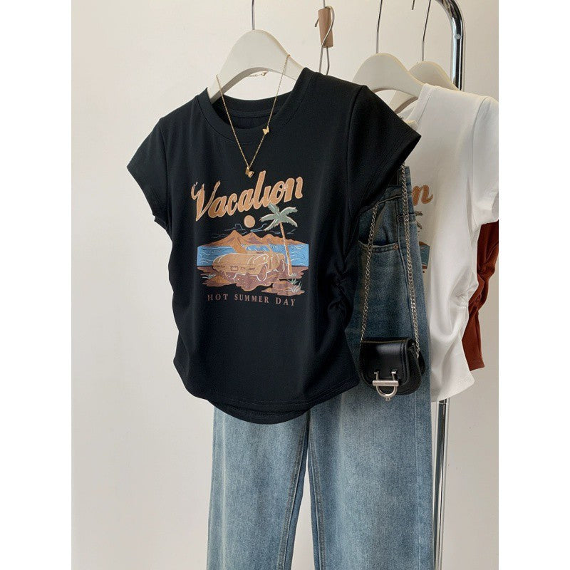 American retro printed front shoulder short-sleeved T-shirt for women's summer spice slim and thin pleated short top i