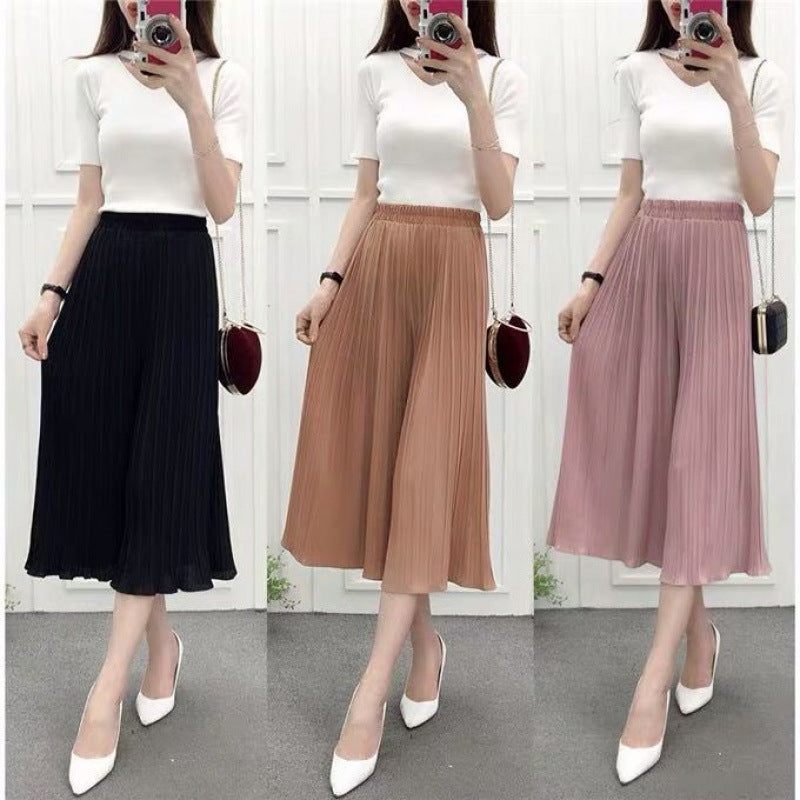 Chiffon wide-leg pants women's summer fashion high waist loose large size pleated skirt pants seven-point casual pants children's temperament versatile