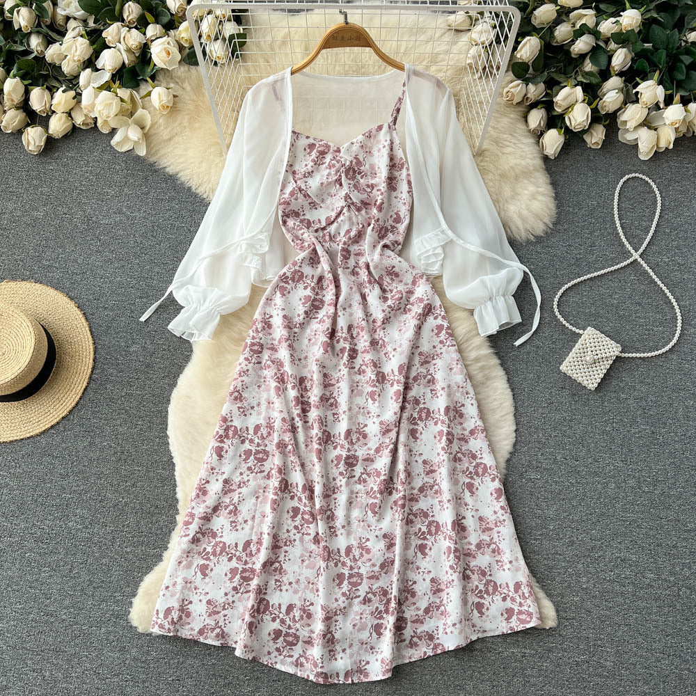 French retro age-reducing bell-covering and thin floral suspender dress chiffon shawl jacket sweet temperament two-piece set