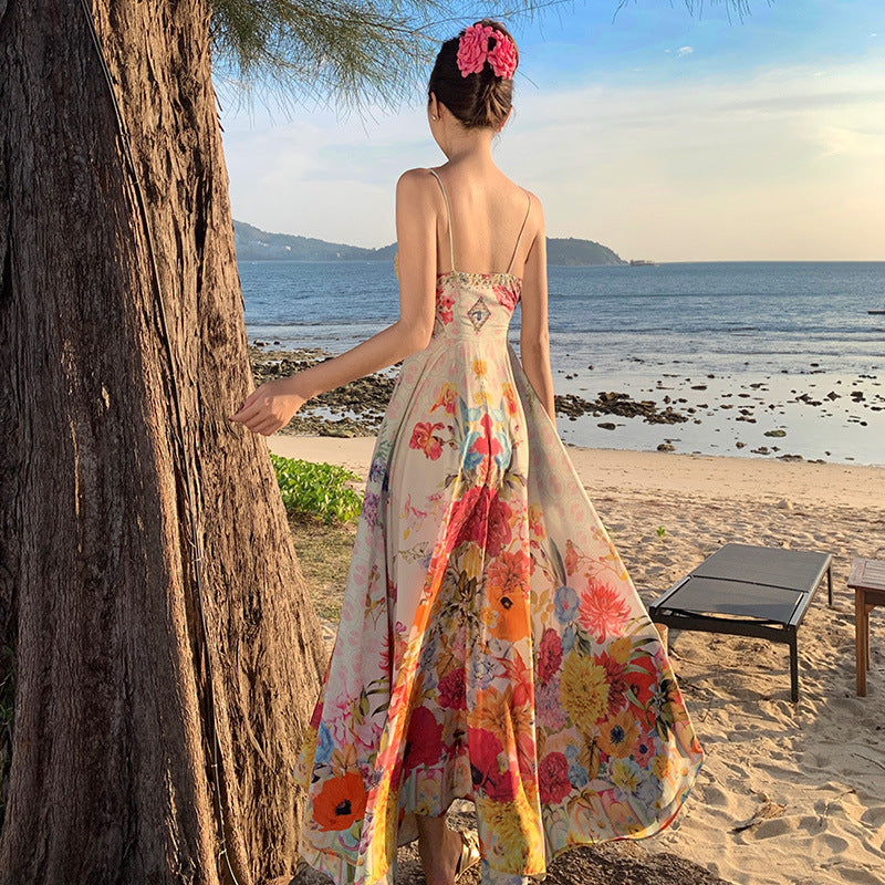 Women's summer beach long skirt colorful floral suspenders high waist holiday dress