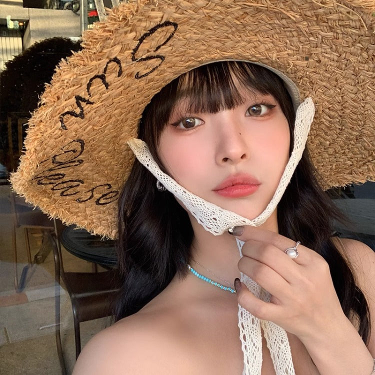 Lace-up letter Lafite straw hat women's summer 2025 new seaside beach sun hat big brim hat tide