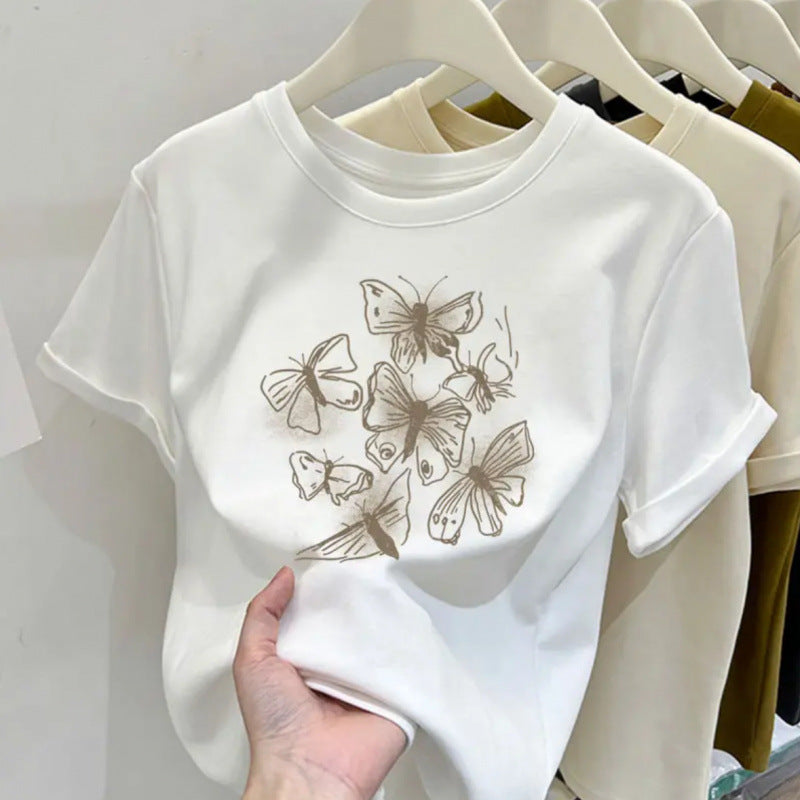 Retro butterfly pure cotton design sense round neck printed short sleeve T-shirt women's summer slim fit versatile foreign style top tide