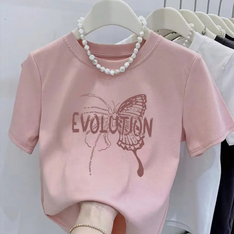 Retro butterfly pure cotton design sense round neck printed short sleeve T-shirt women's summer slim fit versatile foreign style top tide