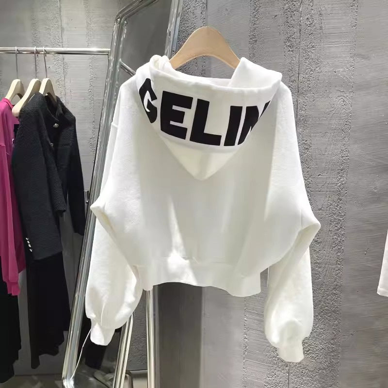 Letter printing loose short sweater women's spring and autumn ins tide bf cute wind thin hooded drawstrings on clothes