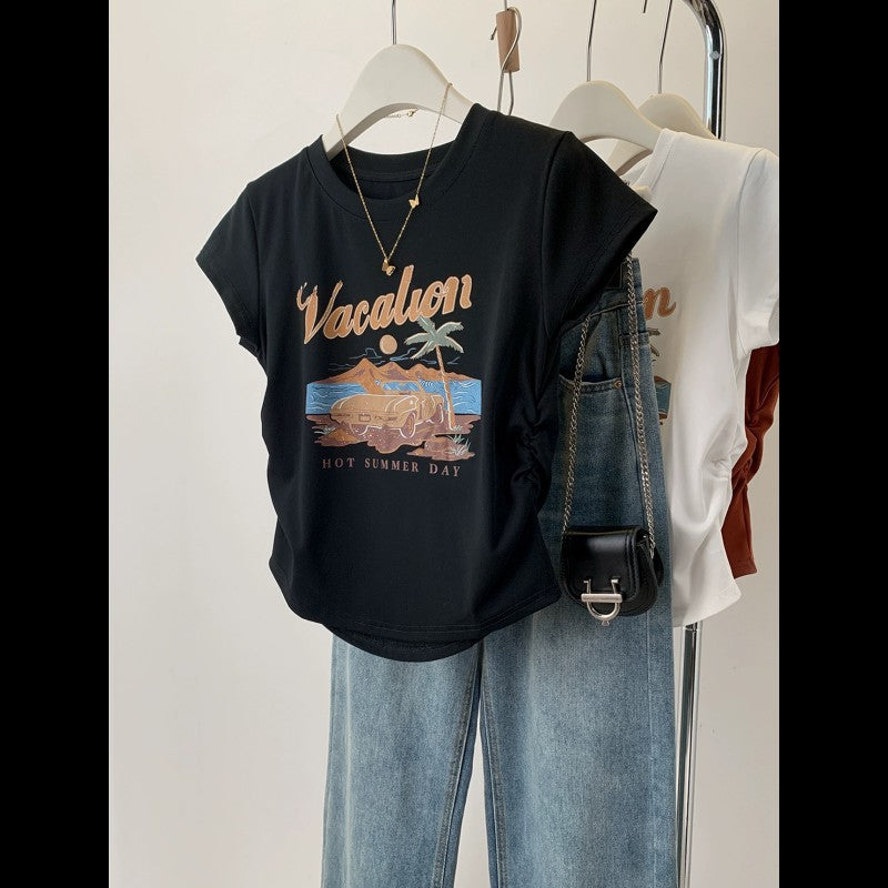 American retro printed front shoulder short-sleeved T-shirt for women's summer spice slim and thin pleated short top i