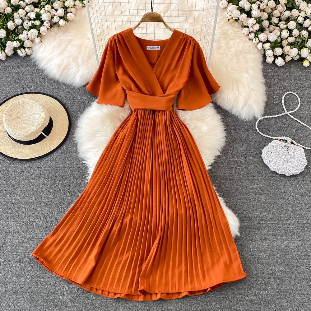 2025 summer new V-neck short-sleeved dress over the knee slim temperament waist lace-up big pendulum pleated long dress
