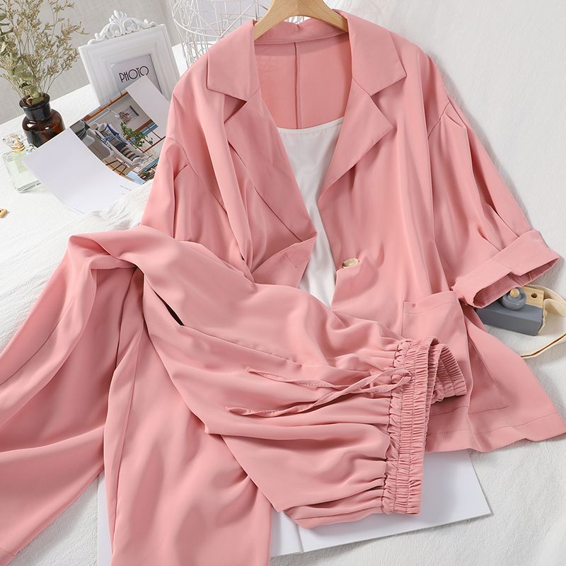 Suit Women's Fashion Summer Loose Suit Collar Seven-point Sleeve Jacket Nine-point Wide Leg Pants Suspender Three-piece Set