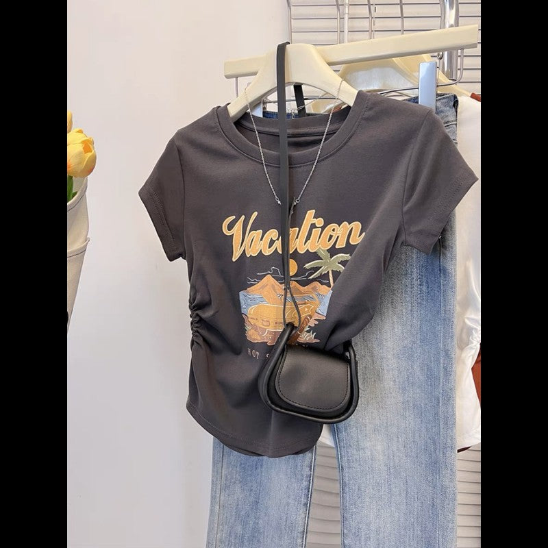 American retro printed front shoulder short-sleeved T-shirt for women's summer spice slim and thin pleated short top i