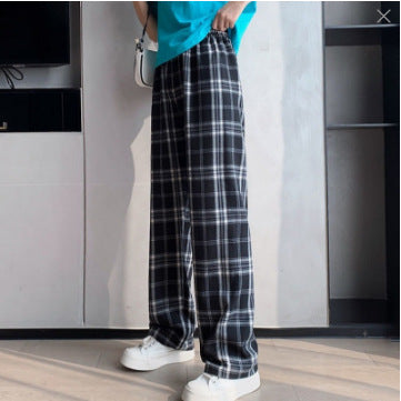 Thin plaid pants women's spring draped straight pants pink loose small pajama pants high waist plaid wide leg pants
