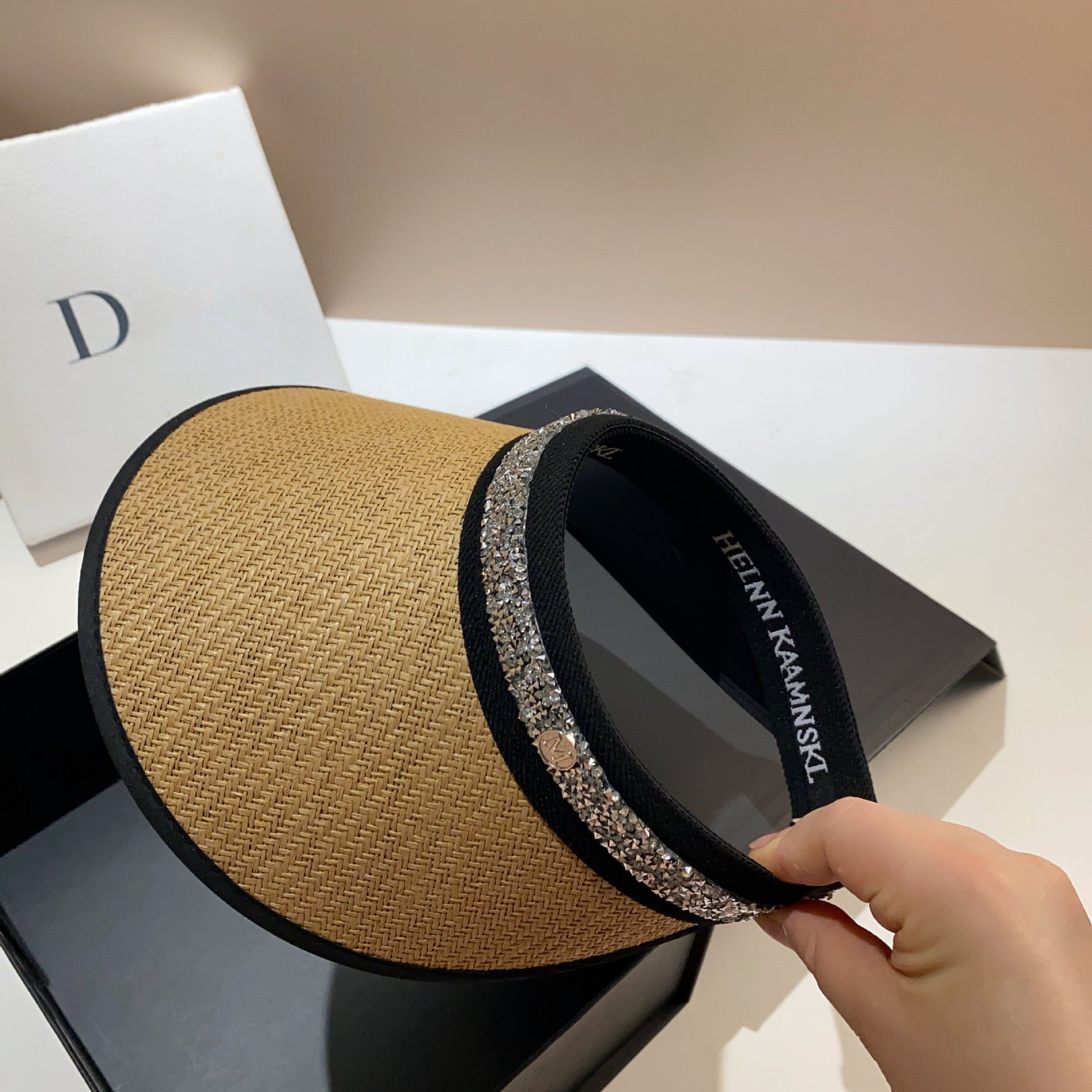 Summer vinyl straw double-layer sunscreen empty top hat fashionable and simple rhinestone fine flash trendy sunshade topless cap