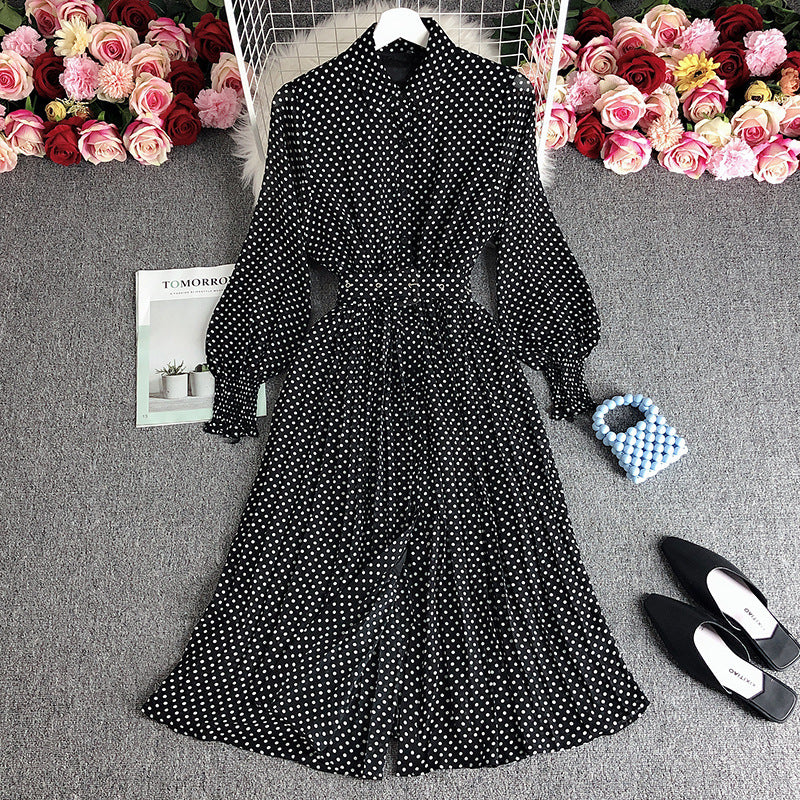 French dress spring 2025 new women's polo collar slim long polka dot chiffon pleated skirt tide