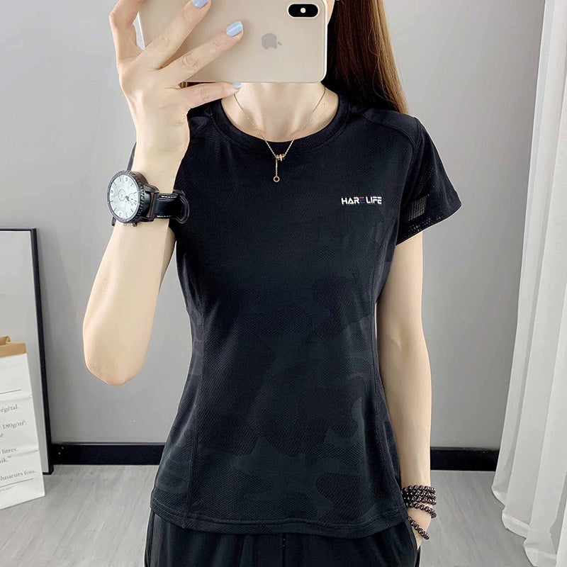 Outdoor quick-drying t-shirt women's sports running fitness loose round neck camouflage thin micro-elastic summer short-sleeved quick-drying clothes