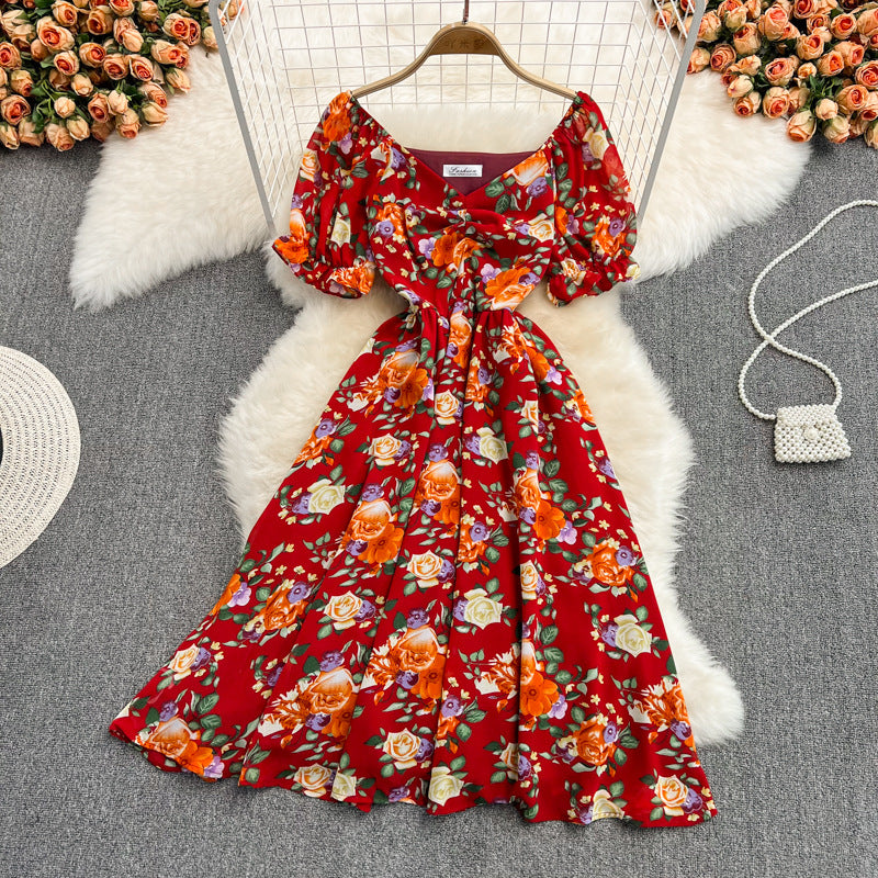 Summer new gentle wind long waist V-neck floral chiffon dress super fairy Mori first love lisianthus skirt