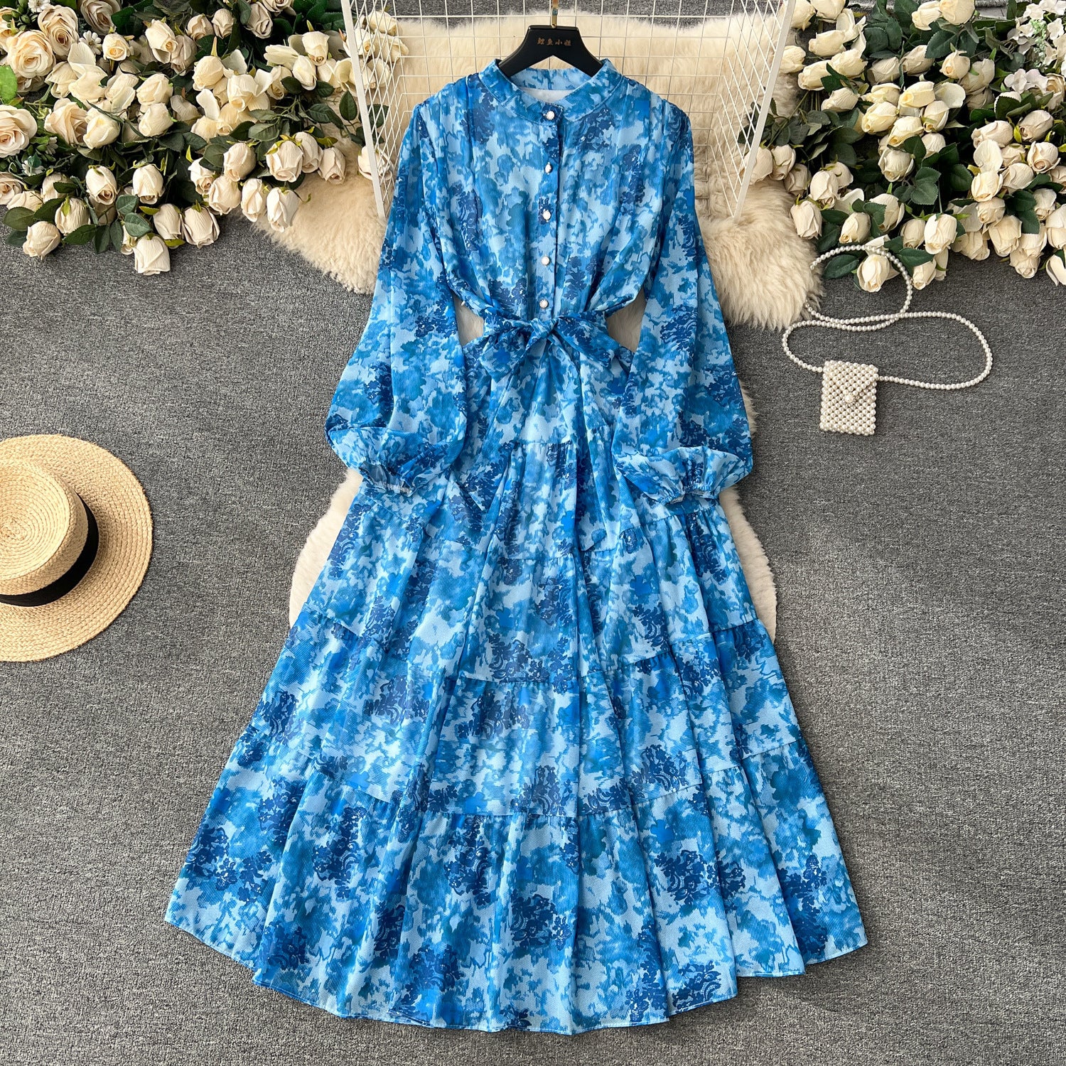 New French floral chiffon dress women's autumn wear new kneee-length dress gentle wind waist gas