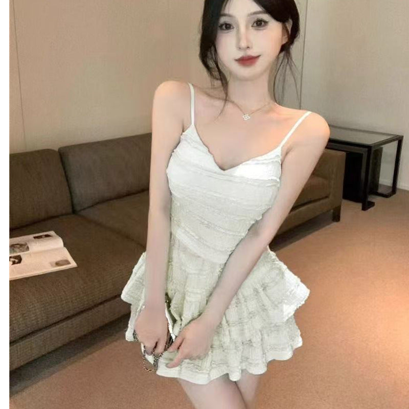 Spice girl two-piece suit skirt women's summer 2025 new short suspender lace top high waist cake skirt