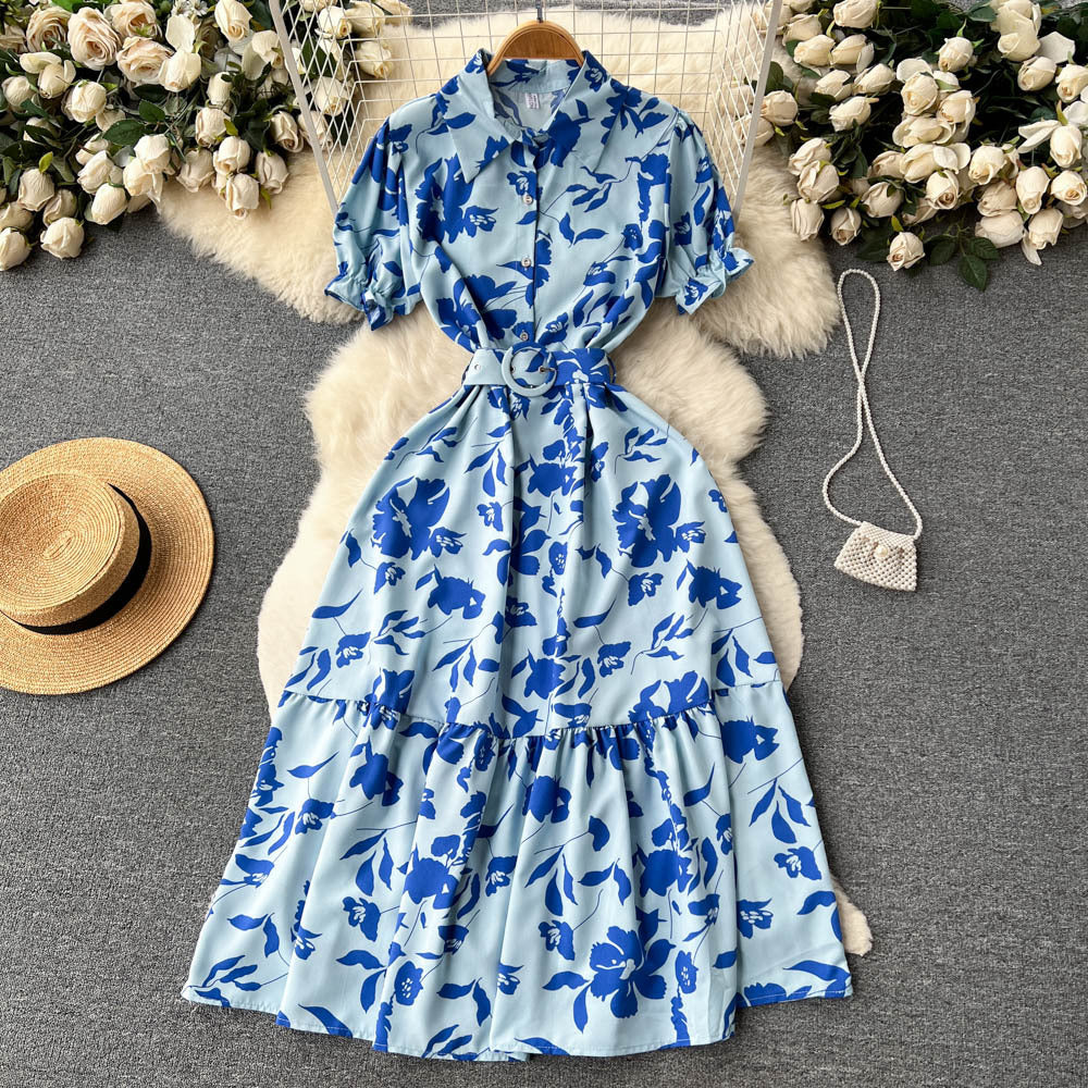 French high-end floral dress women's summer retro style lapel bubble sleeve temperament super fairy coffee break lisianthus skirt
