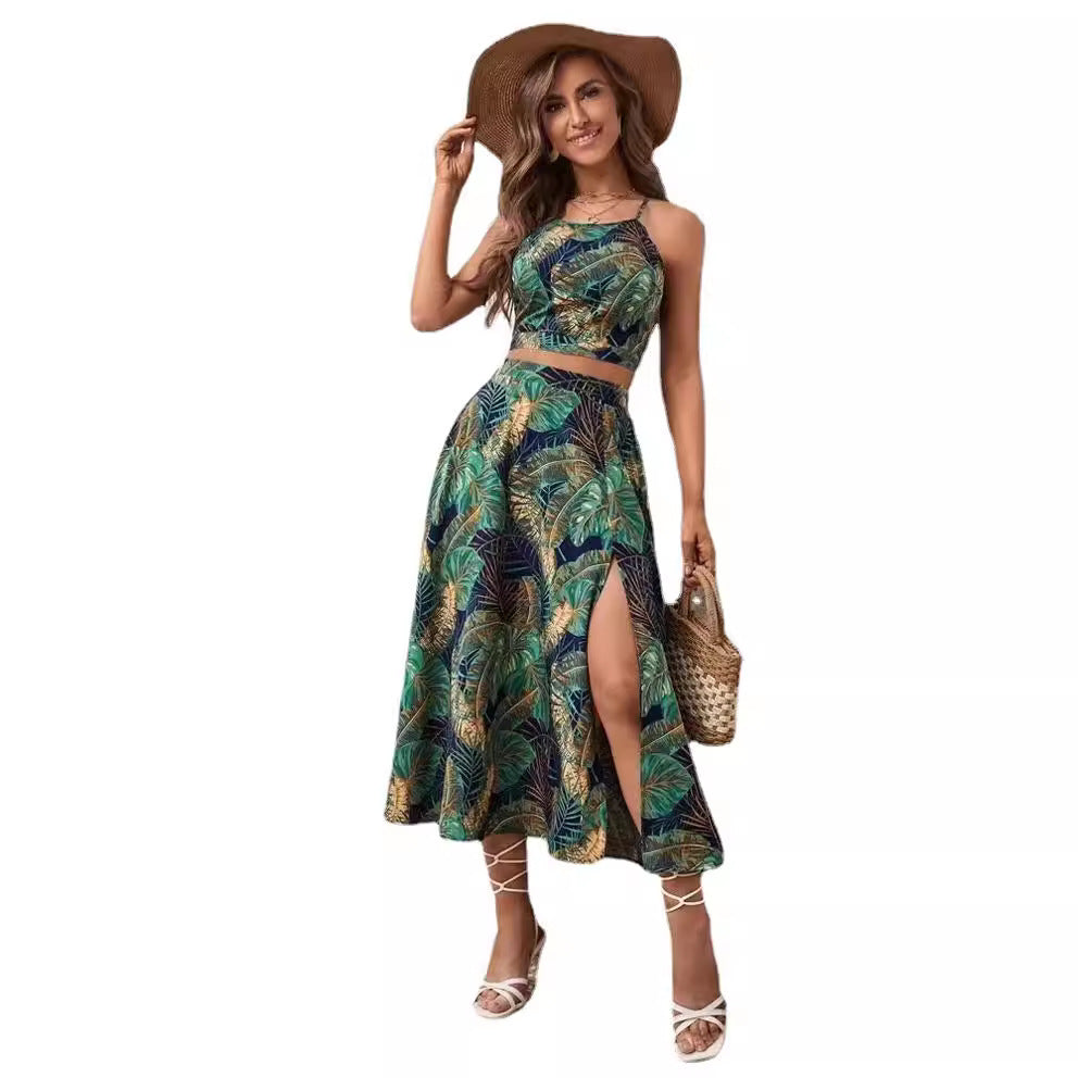 Amazon Tropical Print Camisole Top Sexy Slit Skirt Set