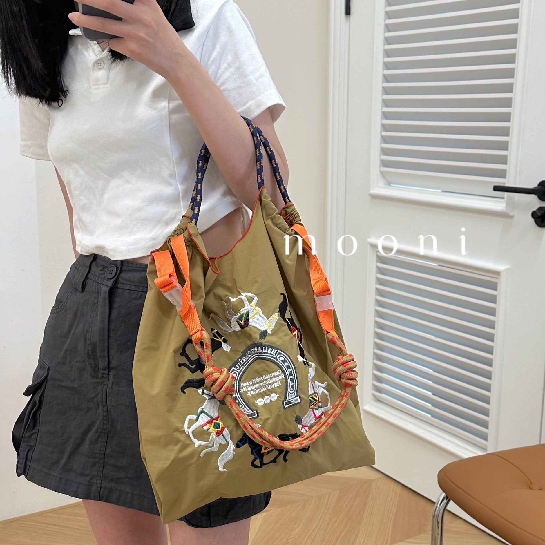 Japanese homemade eco-friendly shopping bag Nylon cloth embroidered flower portable canvas bag Nylon shopping bag