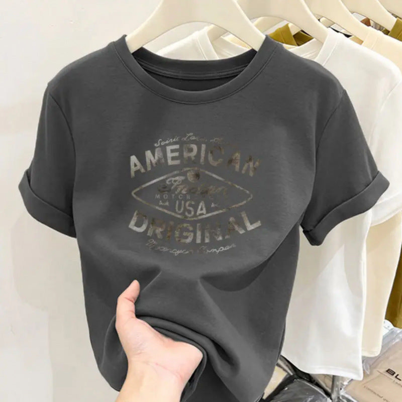 Cotton design round neck printed short-sleeved shirt for women summer slim fit all-match tops