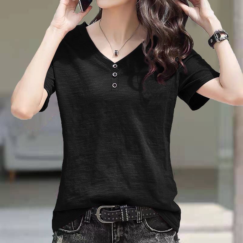 Single/two pieces bamboo cotton V-neck short-sleeved T-shirt women's 2025 summer clothing Korean version of the new loose large size thin top tide