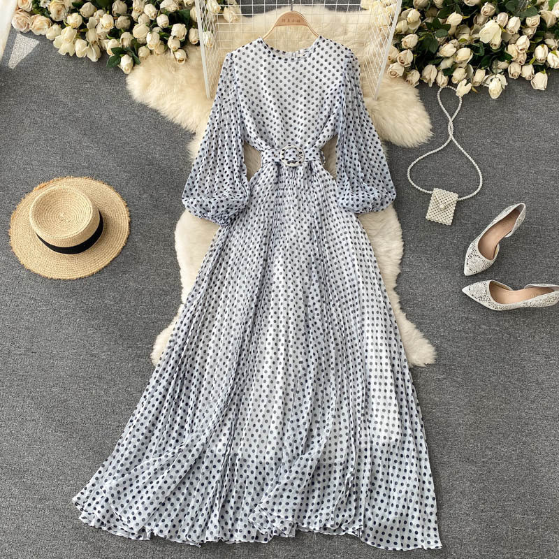 French retro light and mature wound round neck temperament polka dot dress female elegant mesh skirt waist thin fairy dress