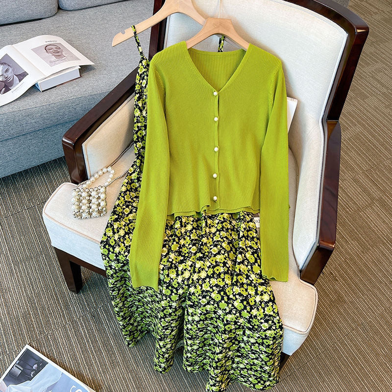 2025 spring new large size women's clothing fat MM sweet floral white dress knitted ice silk cardigan two-piece set