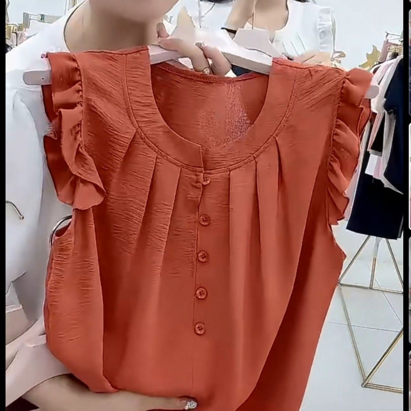 Sleeveless top French 2025 foreign style shirt thin summer doll round neck loose new sweet explosion