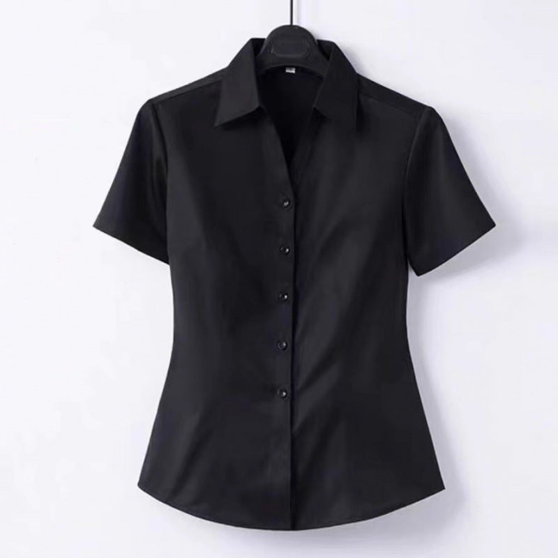 High elasticity professional women's summer new short-sleeved black shirt hotel beauty salon formal tooling work clothes shirt