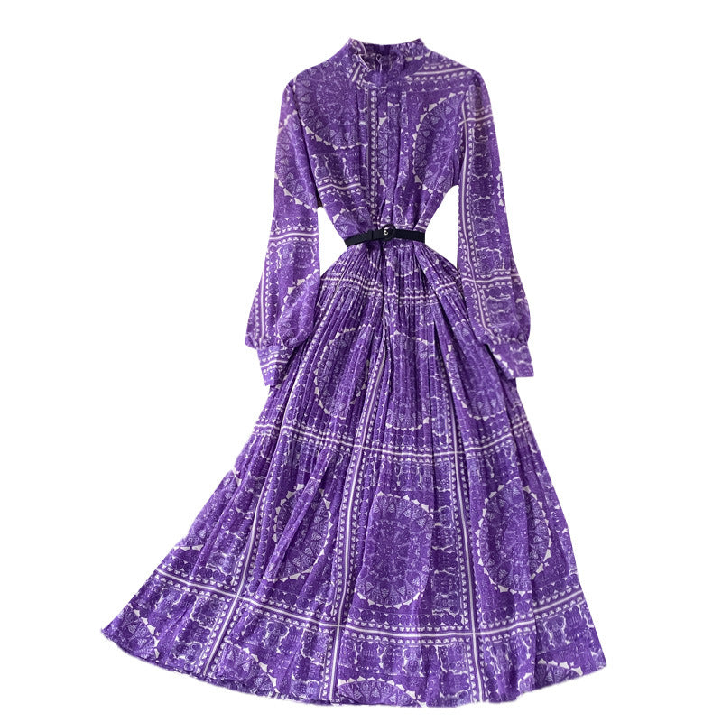 Seaside vacation stand-up collar pleated dress spring and autumn new foreign style lantern sleeves waist and thin printed big swing dress